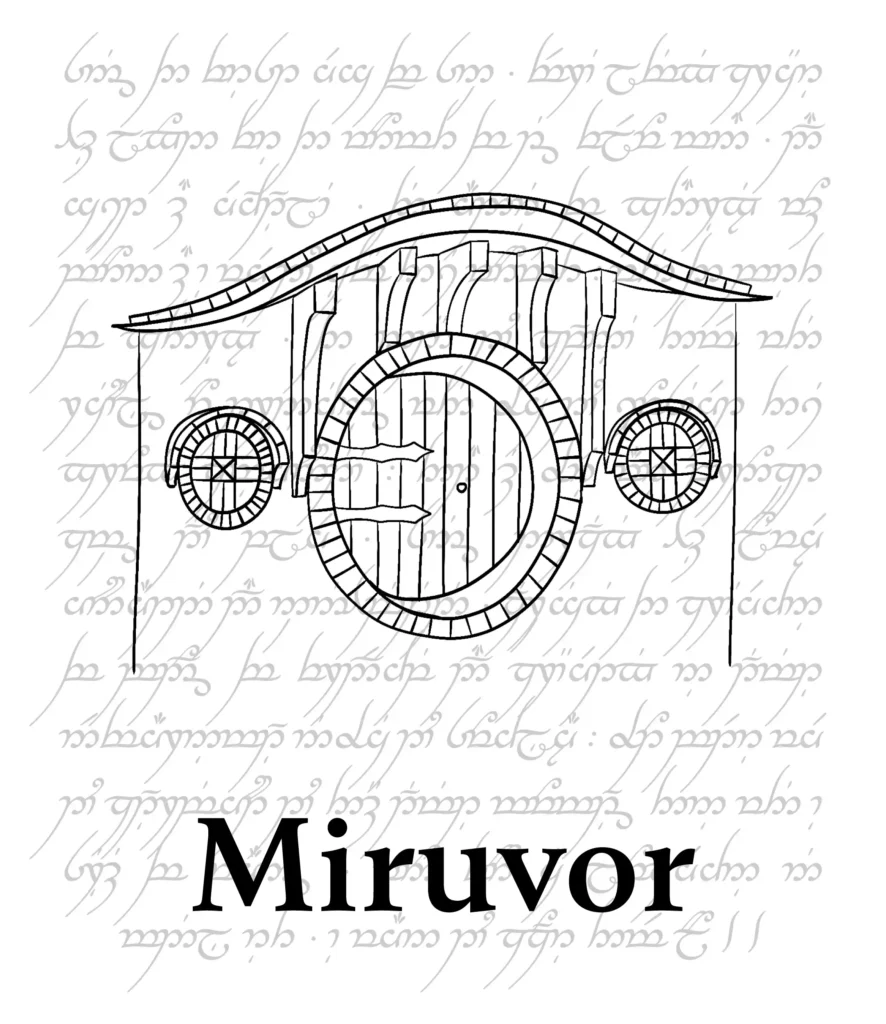 Etiqueta del vino Miruvor con la puerta de la casa de Bilbo Bolsón.