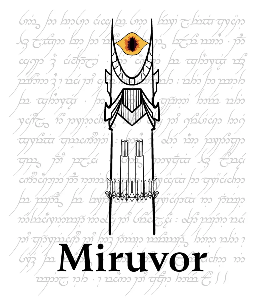 Etiqueta del vino Miruvor con la torre Barad-Dur de Mordor.