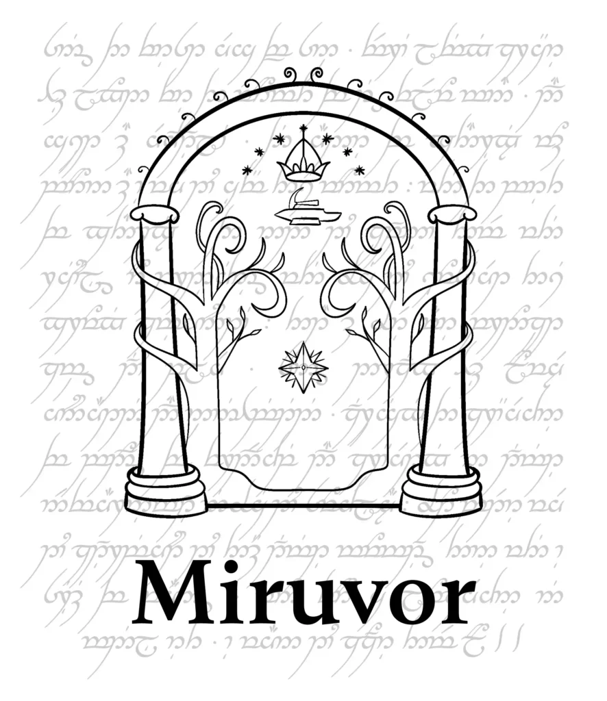 Etiqueta del vino Miruvor con la puerta de las minas de Moria.