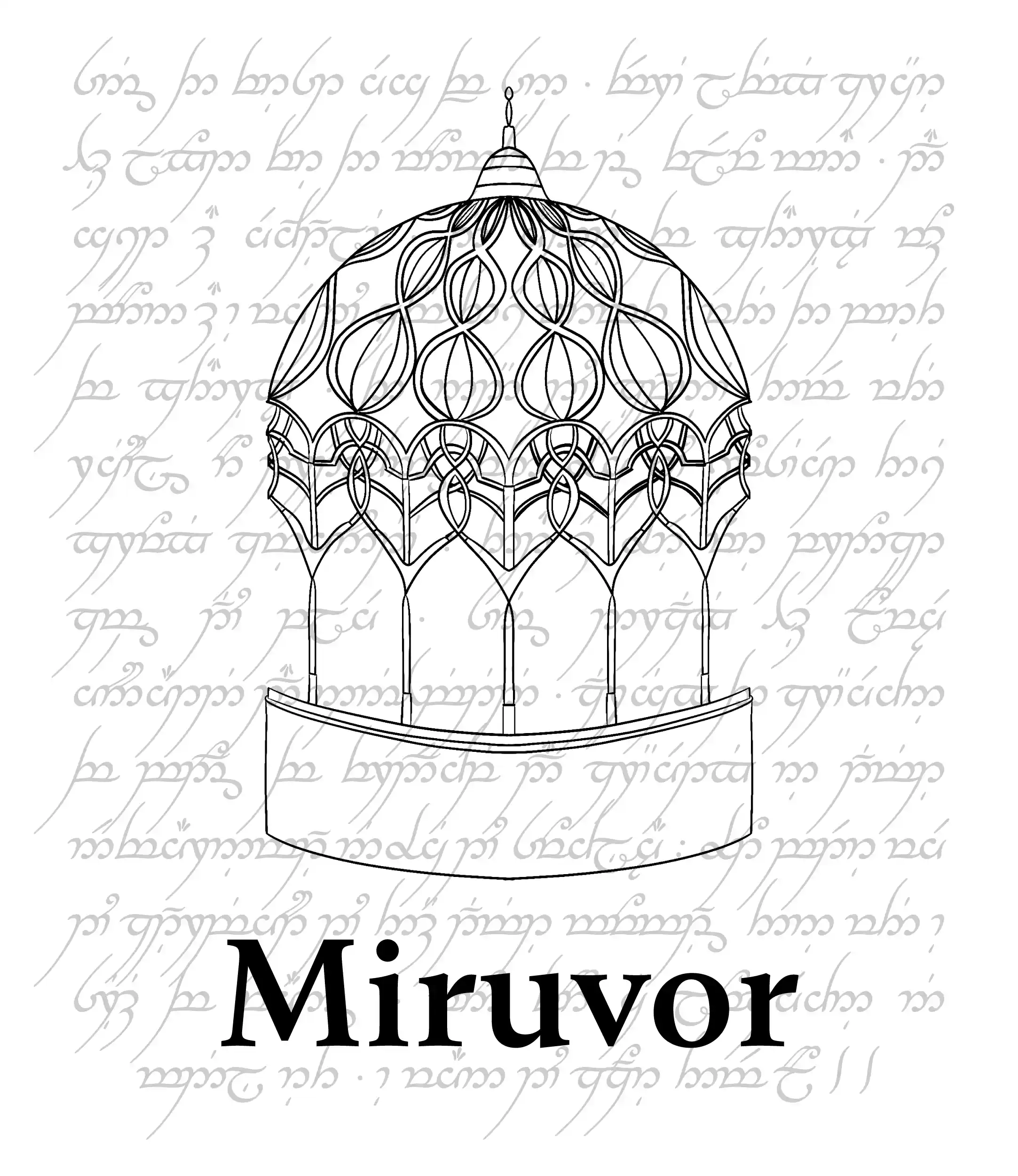 Etiqueta del vino Miruvor con una ilustración de Rivendell.