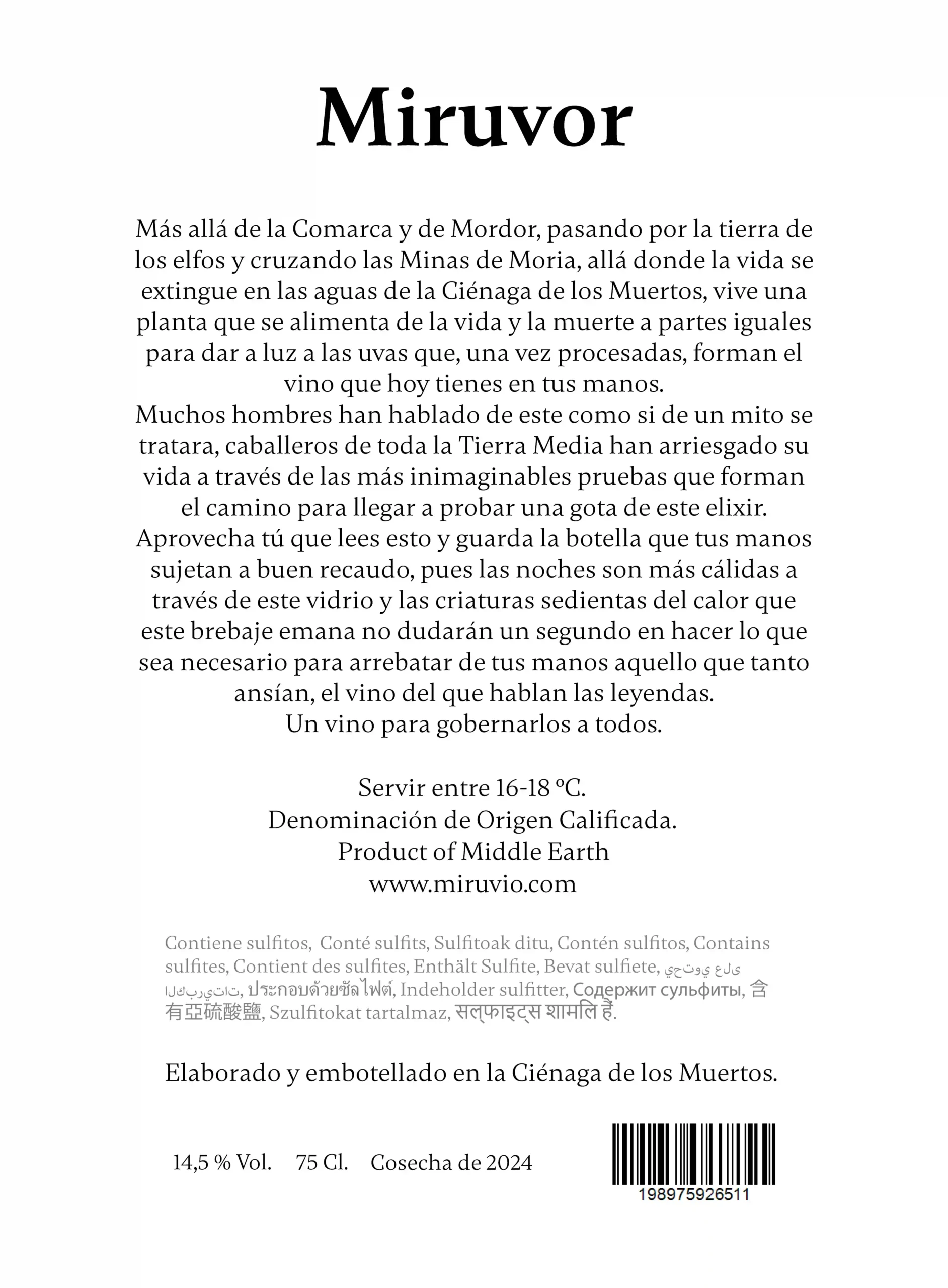 Etiqueta trasera del vino Miruvor.