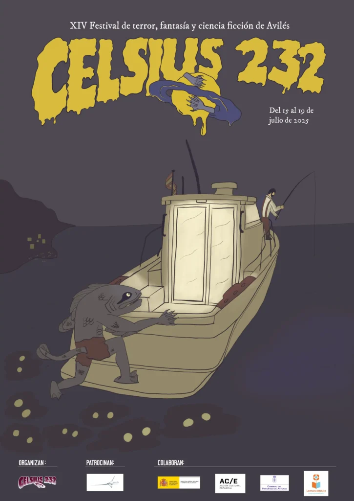 Cartel para Celsius 232. De noche, un hombre pescando mientras una bestia sube por la popa, varios ojos encendidos se ven en el agua.