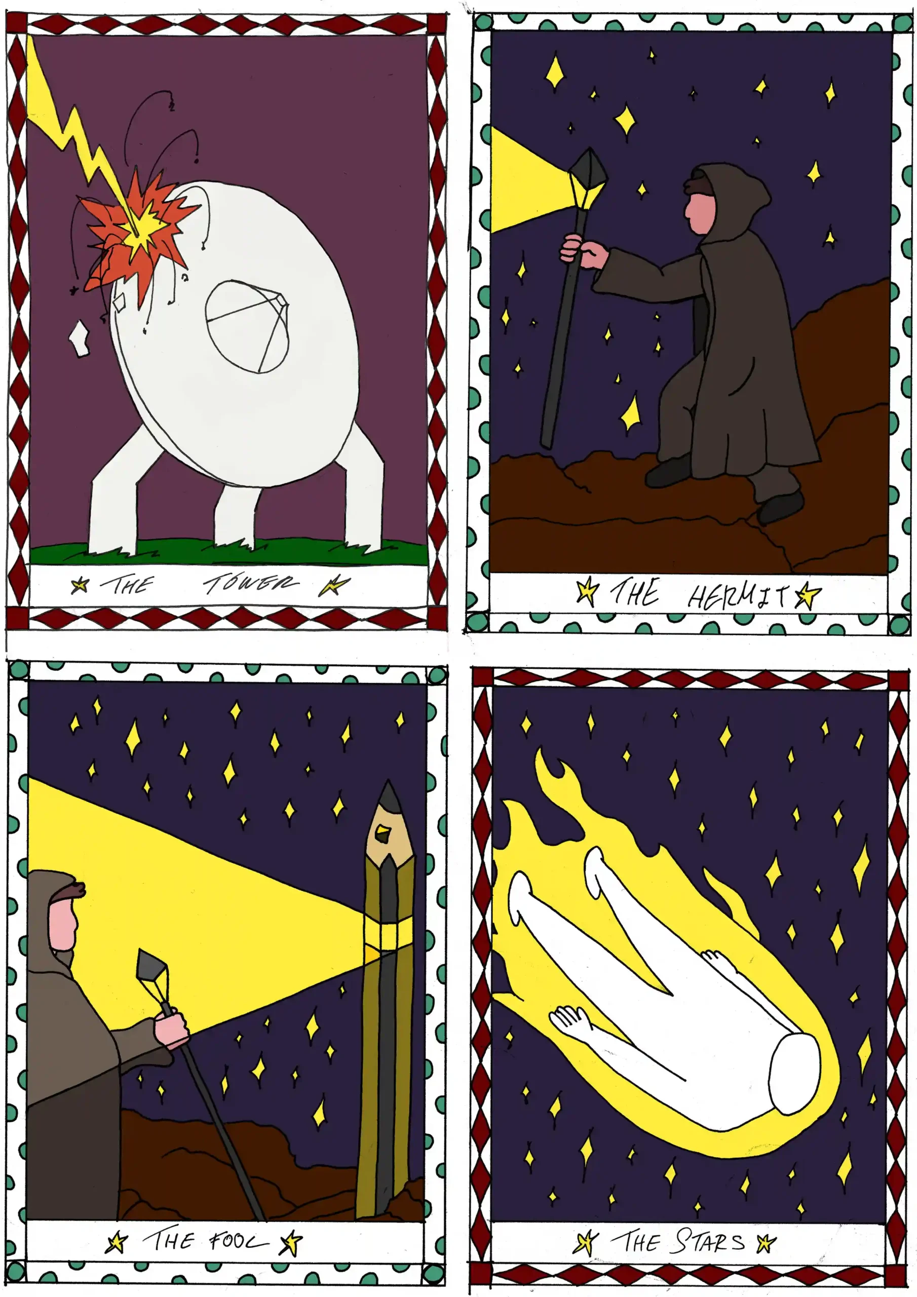 Composición 4 ilustraciones de 4 cartas del tarot