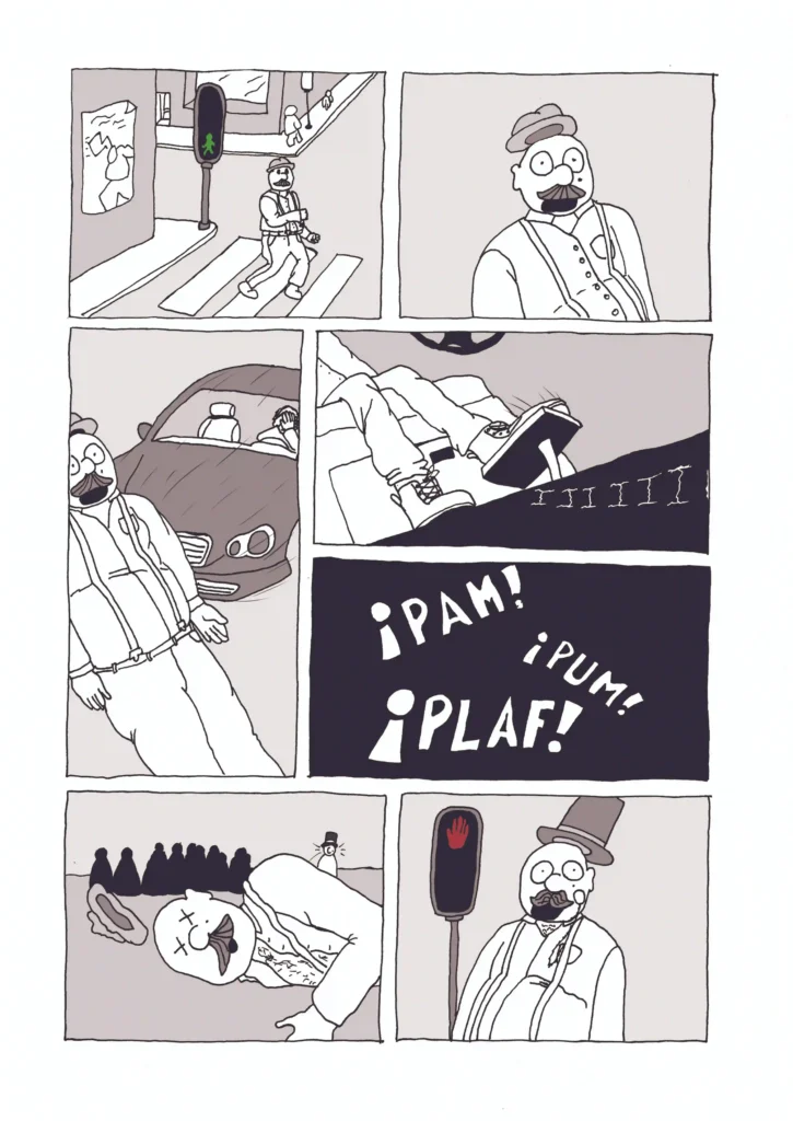 Tira de cómic donde un hombre se ve a sí mismo mientras cruza un paso de peatones y muere en el acto.