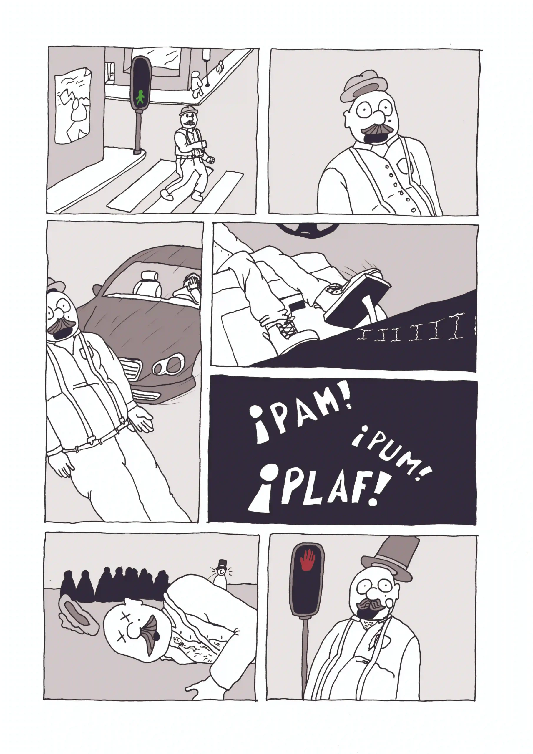 Tira de cómic donde un hombre se ve a sí mismo mientras cruza un paso de peatones y muere en el acto.